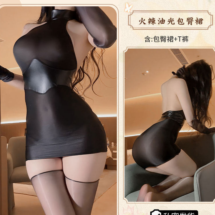 Image of That's right, the night erotic lingerie, sexy patent leather splicing, see-through hip skirt, uniform, secretary suit, tight pajama girl